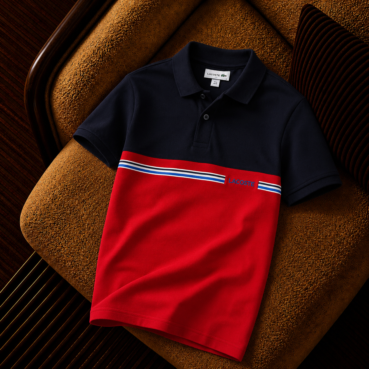 Lacoste Çizgi Detaylı Premium Polo Yaka Tişört – Kırmızı/Lacivert