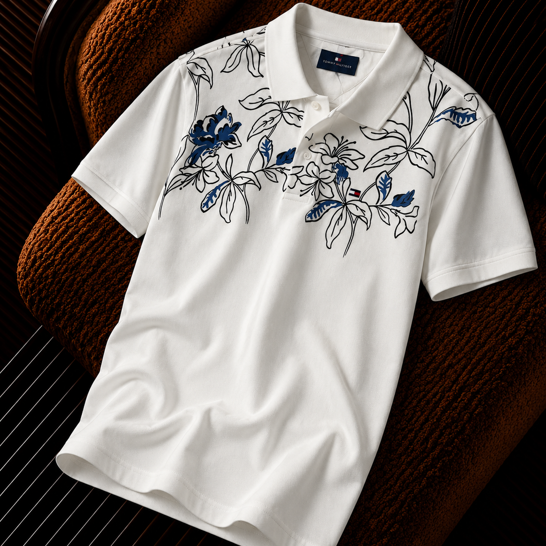 “Tommy Hilfiger” Floral İşlemeli Premium Erkek Polo Yaka Tişört – Beyaz