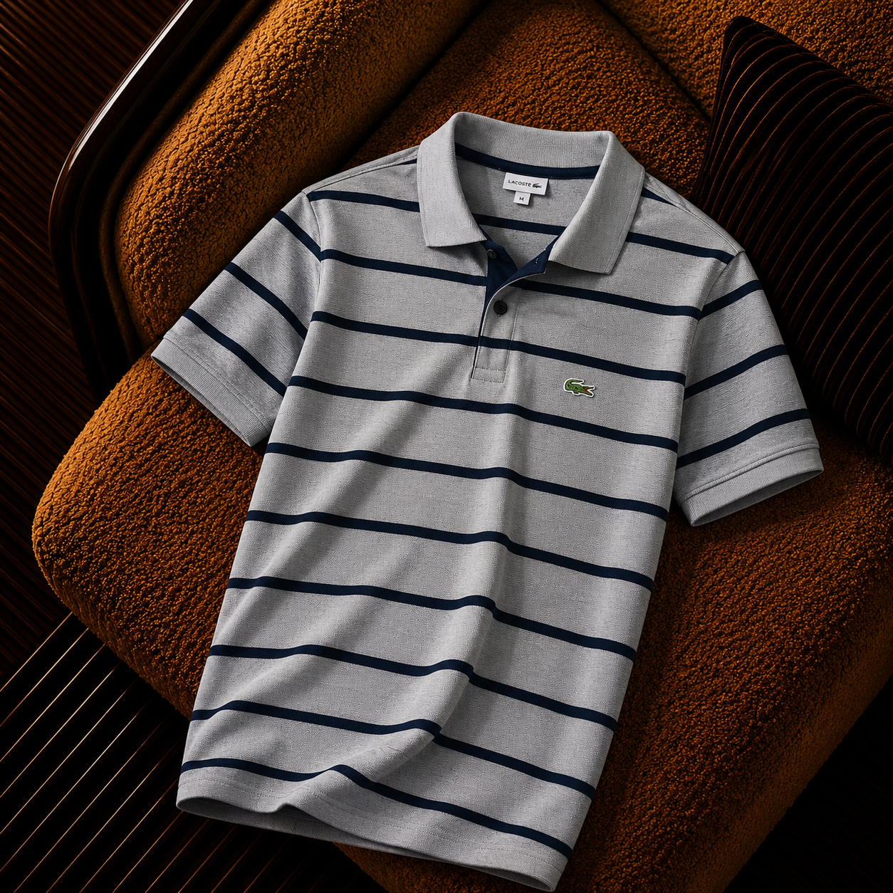 “Lacoste” Çizgili Polo Yaka Erkek Tişört – Gri Lacivert