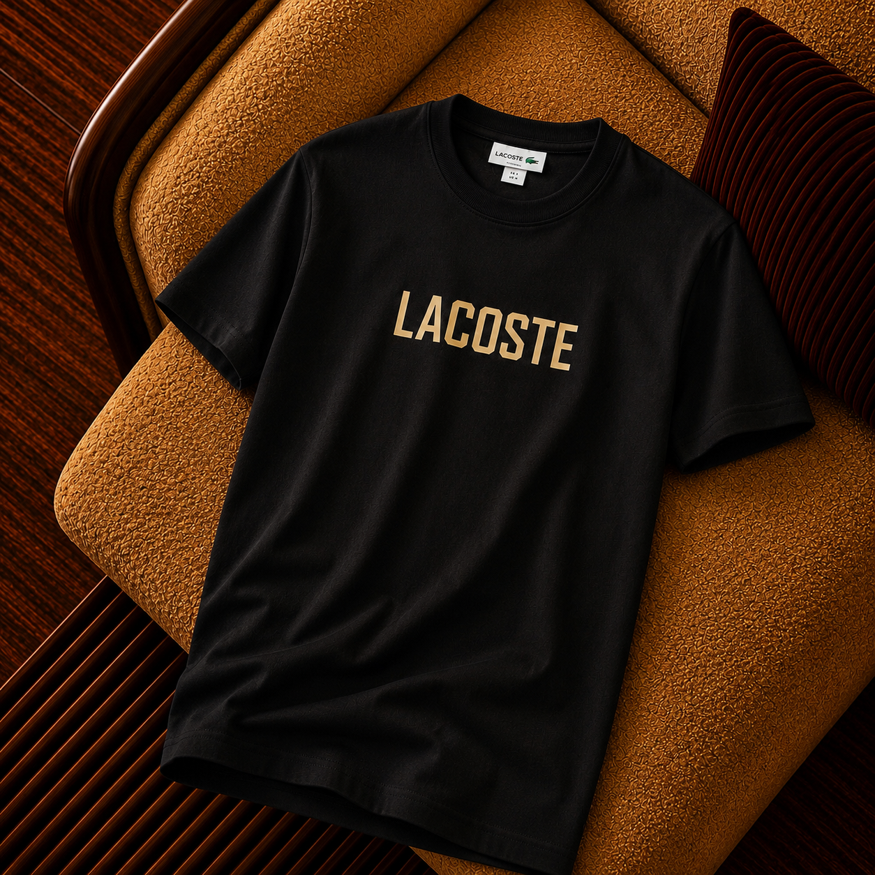 Lacoste Gold Logo Baskılı Siyah Premium Erkek Tişört