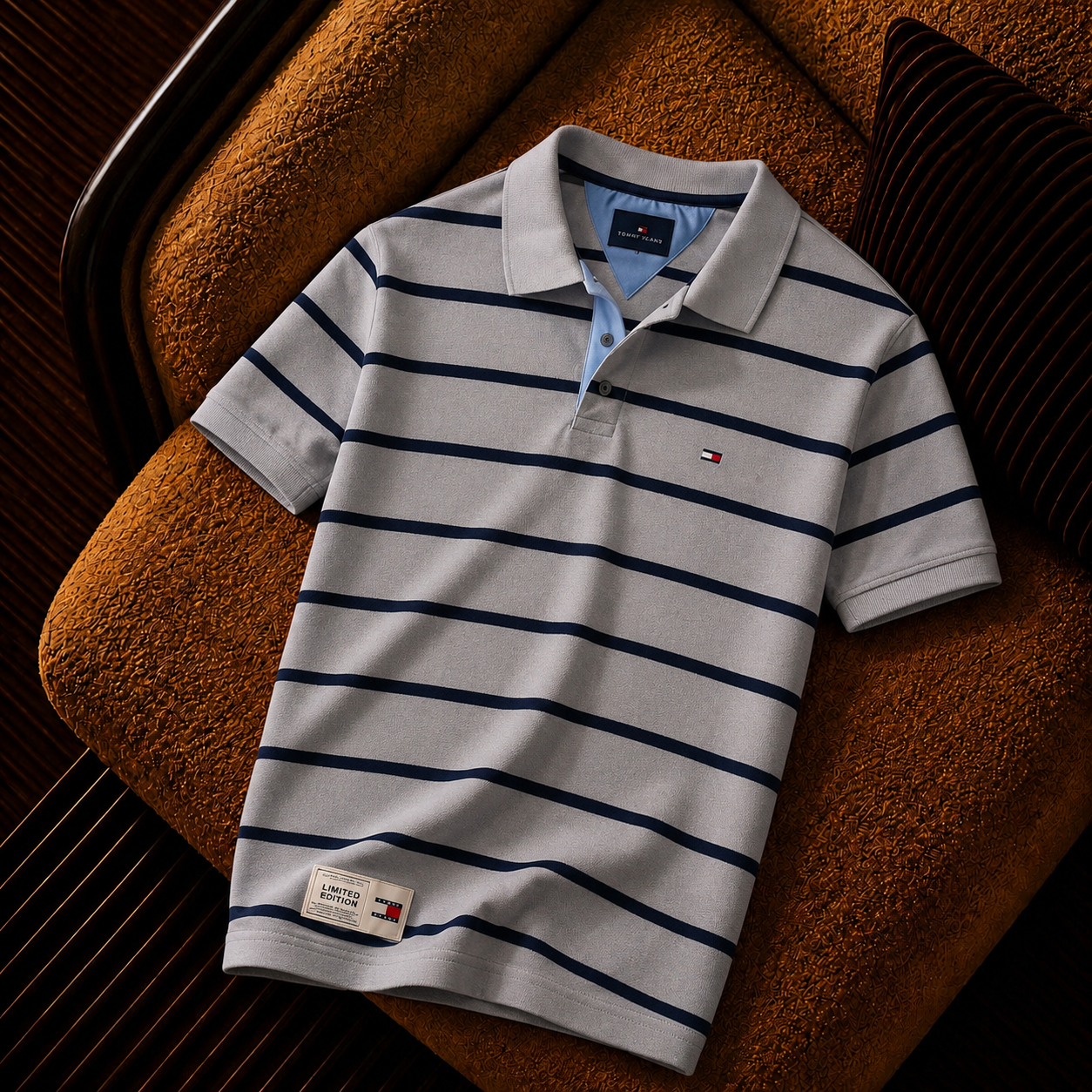 “Tommy Hilfiger” Çizgili Polo Yaka Erkek Tişört – Gri Lacivert