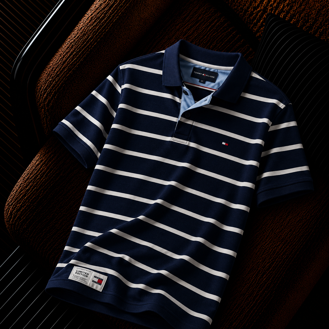 Tommy Hilfiger Çizgili Polo Yaka Erkek Tişört – Lacivert/Beyaz