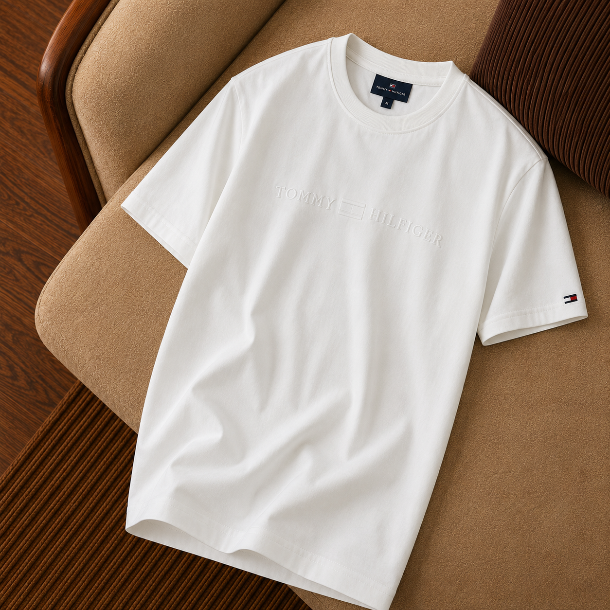 Tommy Hilfiger Tonal Logo Nakışlı Erkek T-Shirt – Beyaz