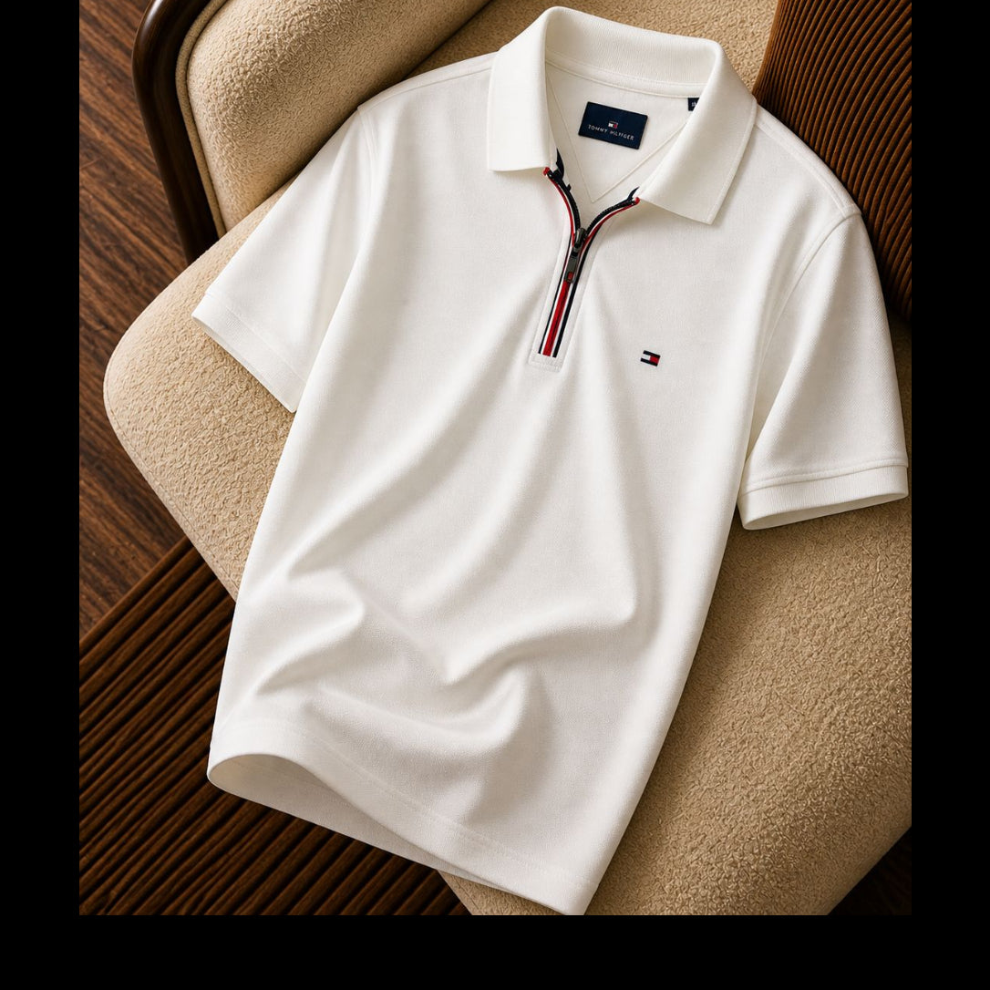 Tommy Hilfiger Fermuar Detaylı Beyaz Polo Yaka Tişört