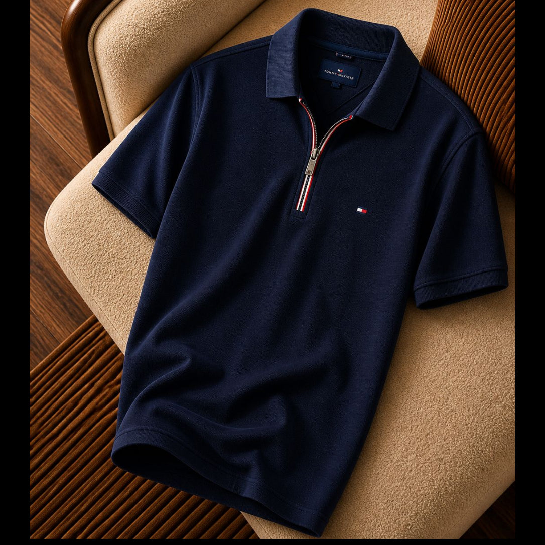 Tommy Hilfiger Fermuar Detaylı Lacivert Polo Yaka Tişört