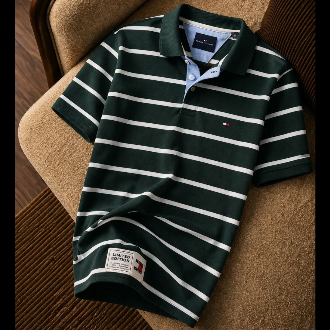 Tommy Hilfiger Çizgili Yeşil Polo Yaka Tişört