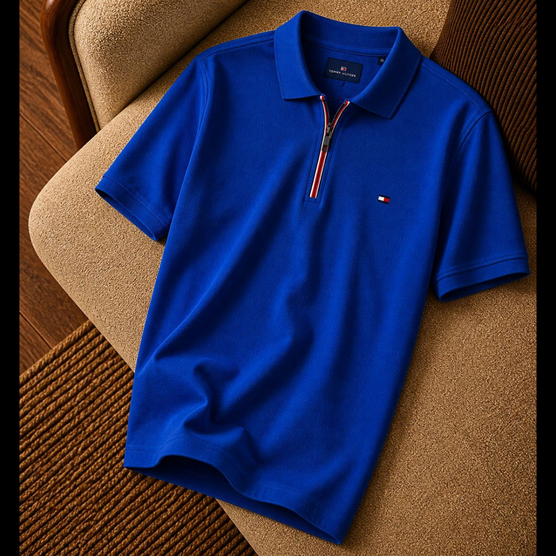 Tommy Hilfiger Fermuar Detaylı Saks Mavi Polo Yaka Tişört