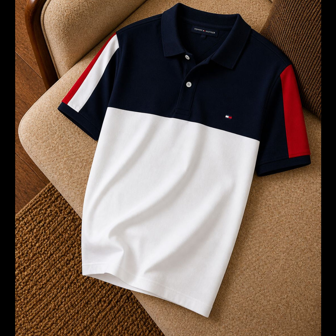 Tommy Hilfiger Renk Bloklu Lacivert Beyaz Polo Yaka Tişört