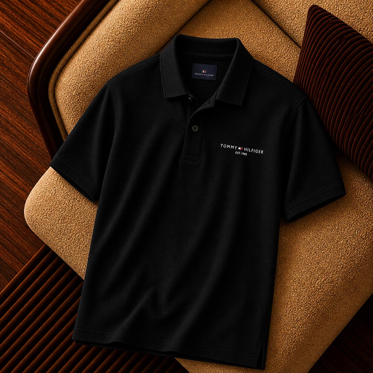 “Tommy Hilfiger” Nakış Logo Detaylı Siyah Polo Yaka Tişört