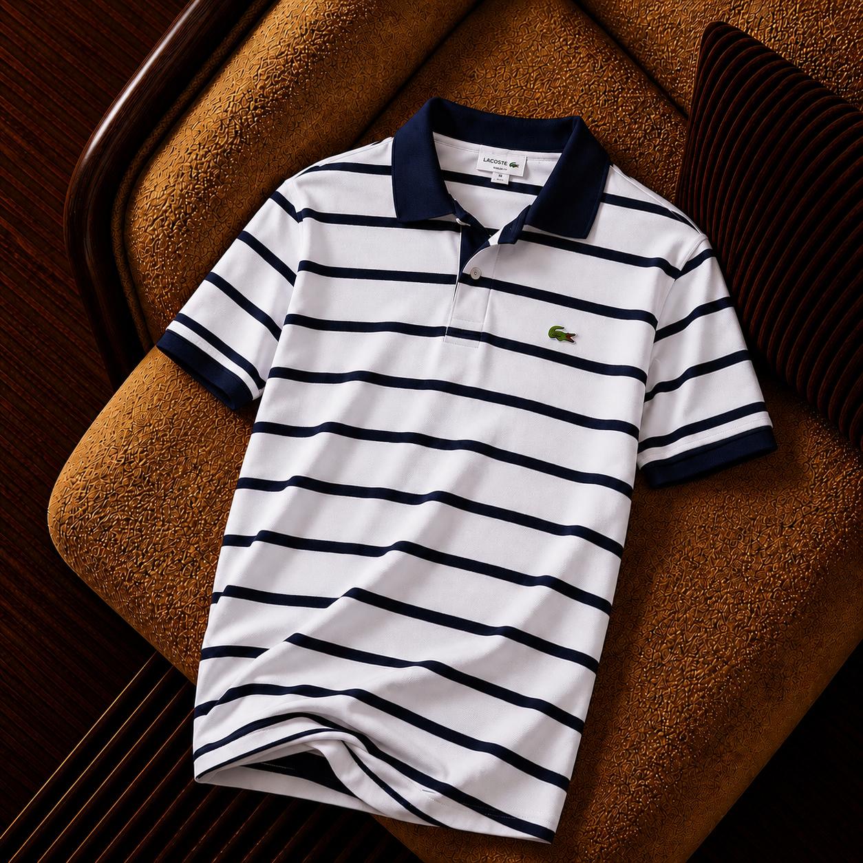 “Lacoste” Çizgili Polo Yaka Erkek Tişört – Beyaz Lacivert Premium Tasarım